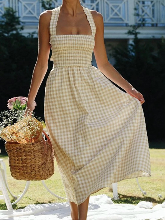 Commense Dresses & Skirts - Commense Beige White Gingham Open Back Maxi Dress XL NWT Cotton Blend